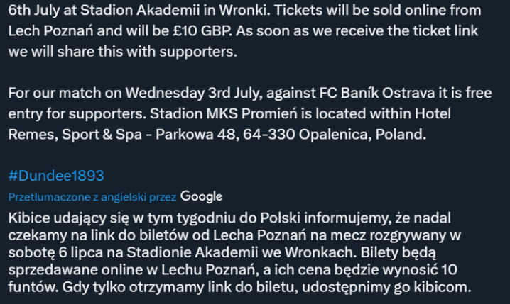 KOMUNIKAT Dundee FC ws. cen na wyjazdowy sparing z Lechem Poznań we Wronkach... xD
